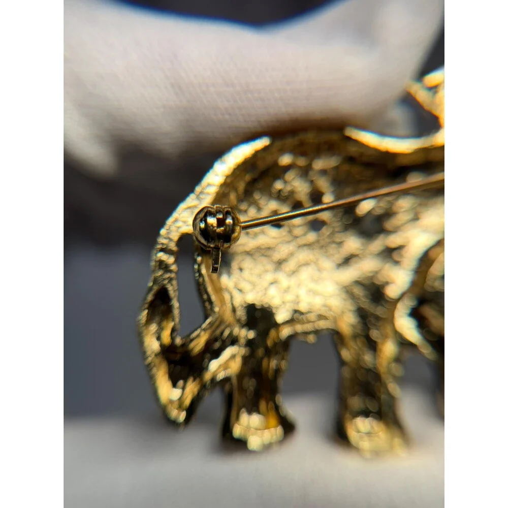 Vintage Black Enamel Elephant Brooch Gold Tone Rhinestone Figural Pin